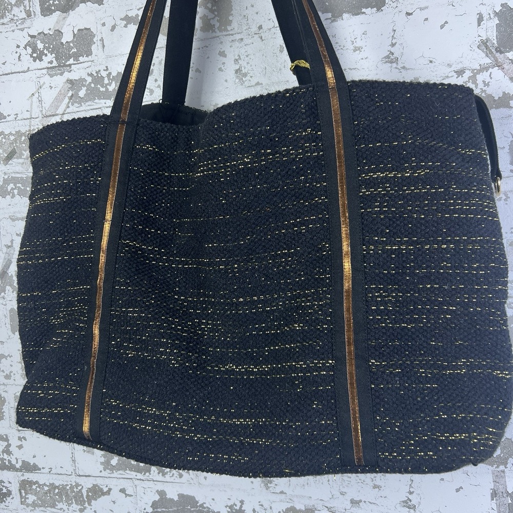 America & Beyond Luxe Love Tote Large Black Gold Pom Poms Tassels Metallic Spark - Picture 4 of 16